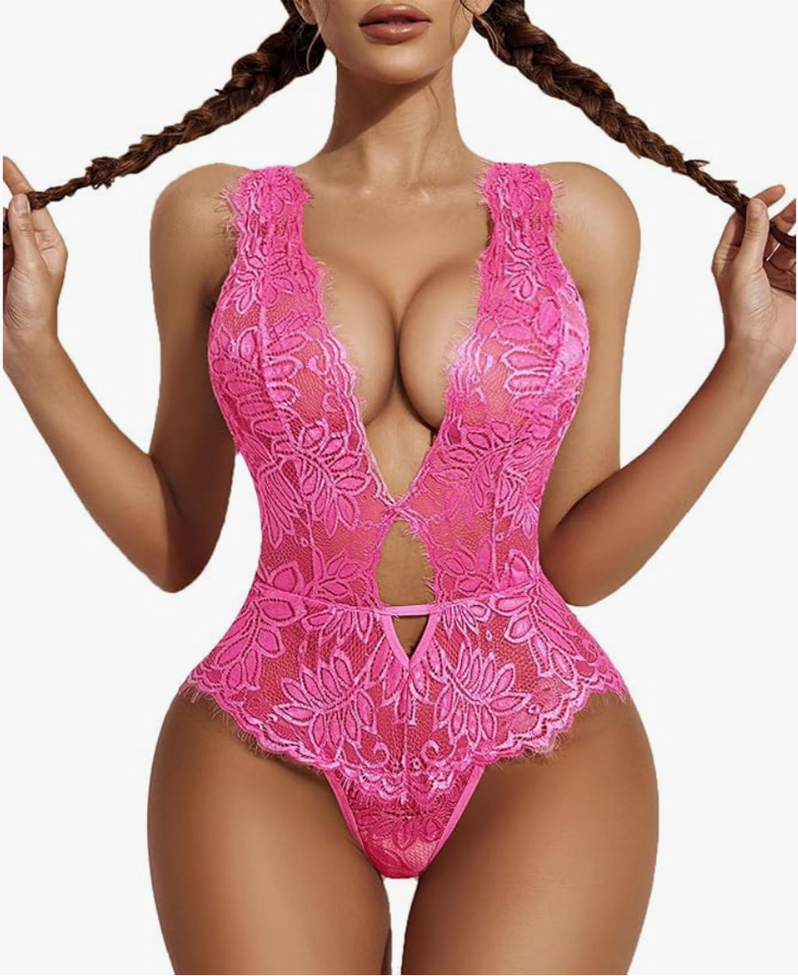 Sexy Lingerie: Women Deep V Lace Teddy Bodysuit
